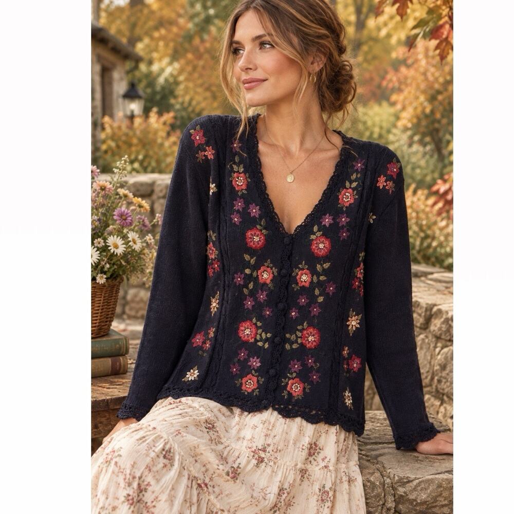 Vintage 90s Erika Cardigan Womens Large Navy Floral Embroidered Cottage Grandma
